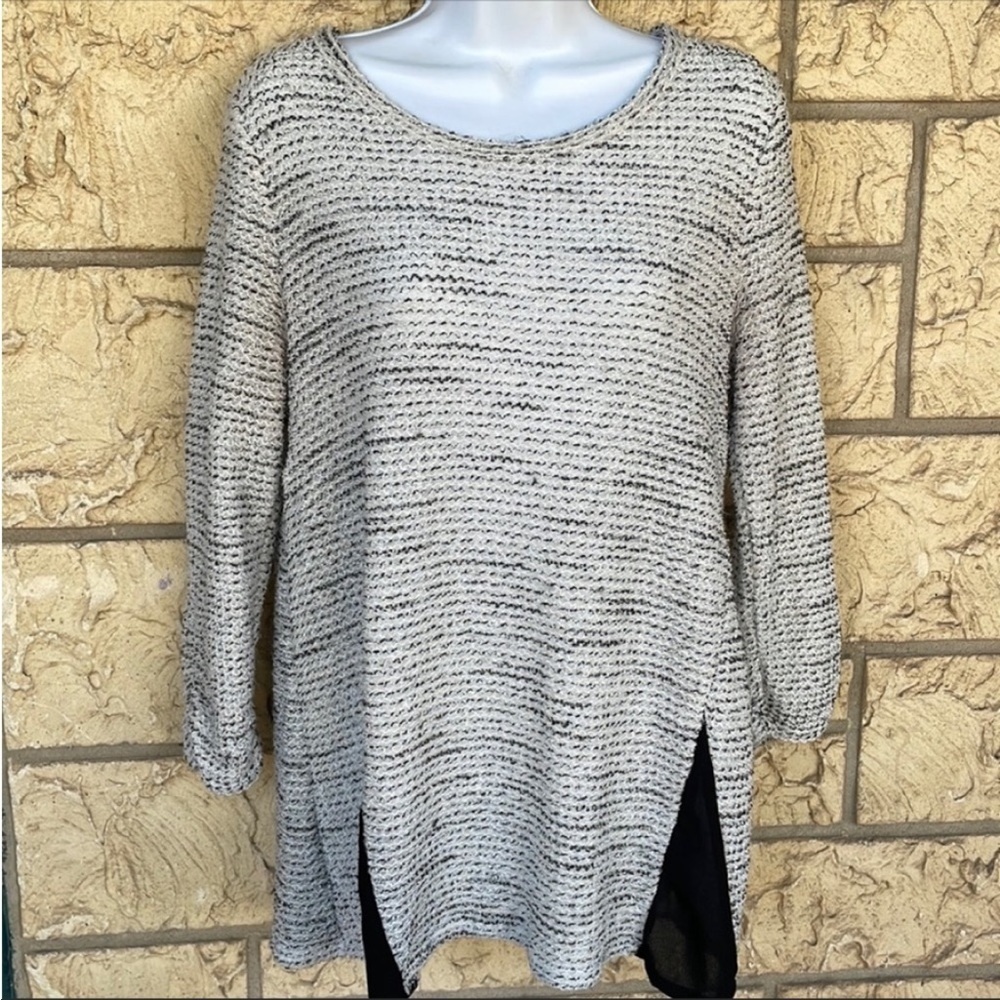 Alfani Tunic Top Blouse Black White & Sheer Casual career top Winter stretch